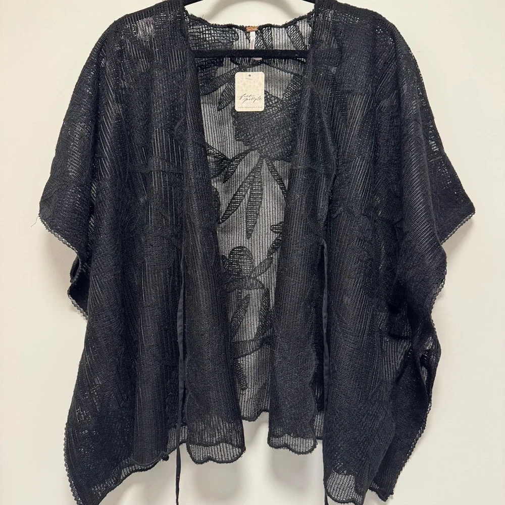 NWT Free People Black Sheer Lace Tie-Front Tunic